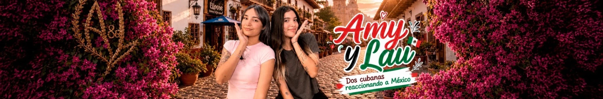 Amy y Lau en un paisaje mexicano con bugambilias