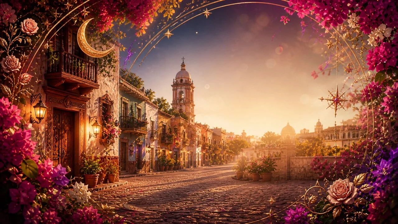 Calle mexicana al atardecer rodeada de flores