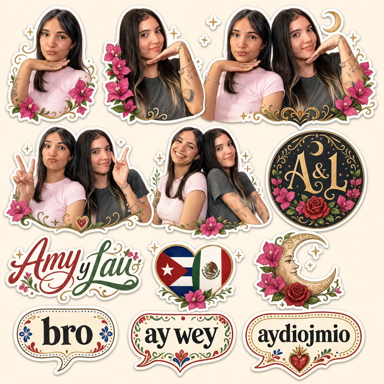Universo gráfico de Amy y Lau con flores, luna y expresiones mexicanas
